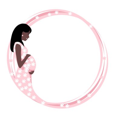 Beautiful black pregnant woman hugging her belly. The happiness of motherhood. Pregnancy and childbirth. Vector round pink frame with empty space for text.