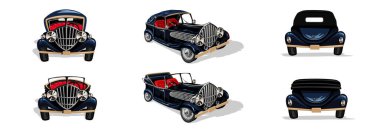 Set of black convertible from different angles in retro style. Convertible with roof up and down. Vector illustration of a retro auto in cartoon style on a white background.