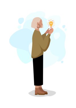 Cheerful woman with a glowing light bulb in her hand. Business idea. Creative idea. A beautiful girl shows the idea of solving problems and tasks. Vector illustration.
