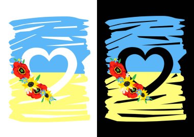 Abstract background with the flag of ukraine in the shape of a heart and decorated with flowers. I love Ukraine. Stop the war. Support Ukraine. Pray for Ukraine.