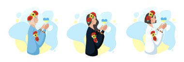 Vector set of their beautiful Ukrainian women in national clothes and a wreath of flowers holds the Ukrainian flag in the shape of a heart in her hand. Vyshyvanka. I love Ukraine. Support Ukraine.