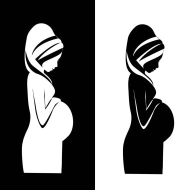 The silhouette is a beautiful pregnant woman hugs her stomach. The happiness of motherhood. Vector illustration is black and white. Linocut. Minimalism.