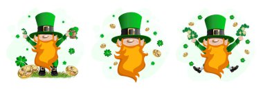 Celebrating St. Patrick's Day. Cheerful leprechaun in a green hat. Set vector character illustration in cartoon style. Template for postcard, poster or media.