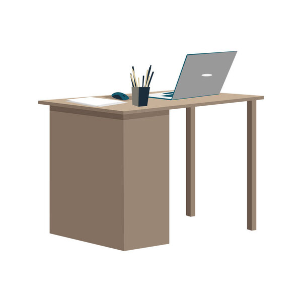 A working wooden table with a laptop, working papers, a glass with pens. Workspace in the office and at home. Vector illustration in a simple style.