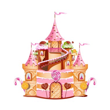 Şeker diyarında pasta kalesi, pekmez ve çikolata süslemesi, waffle kapıları, balkon ve kuleler. Peri masalı gibi tatlı bir geçmişi var. Vektör illüstrasyonu.