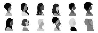 Farklı milletlerden ve kültürlerden güzel kadınların siluet profilleri bir arada duruyor. Feminizm, kadın arkadaşlığı, eşitlik, kadın hakları için savaş. Avrupalı, Afrikalı, Amerikalı, Asyalı, Müslüman.