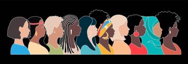 Farklı milletlerden ve kültürlerden güzel kadınların profilleri bir arada duruyor. Feminizm, kadın arkadaşlığı, eşitlik, kadın hakları için savaş. Avrupalı, Afrikalı, Asyalı, Müslüman. Vektör