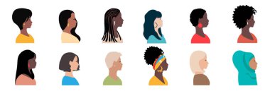 Farklı milletlerden ve kültürlerden güzel kadınların oluşturduğu vektör profili bir arada duruyor. Feminizm, kadın arkadaşlığı, eşitlik, kadın hakları için savaş. Avrupalı, Afrikalı, Amerikalı, Asyalı, Müslüman.