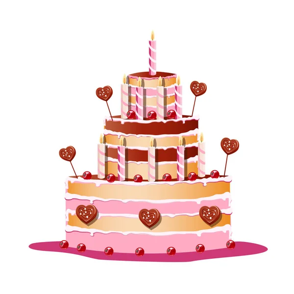 Gâteau Plusieurs Niveaux Avec Des Bougies Roses Décoration Baies Coeurs — Image vectorielle