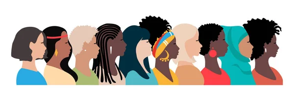Профілі Красивих Жінок Різних Національностей Культур Стоять Разом Фемінізм Жіноча — стоковий вектор