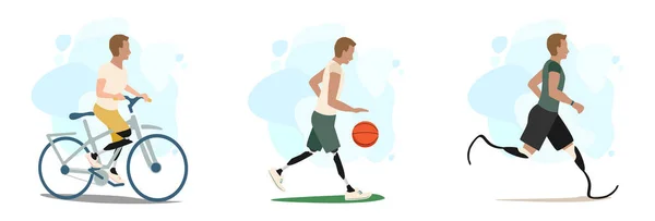 Счастливый Человек Протезными Ногами Ведет Активный Образ Жизни Играя Баскетбол — стоковый вектор