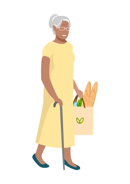 Mujer Anciana Discapacitada Con Paquete Alimentos Frescos Compras Comida Saludable — Vector de stock