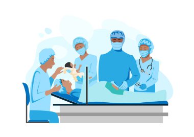 Doktor ve hemşireler epidural anestezi altında sezaryen yapıyorlar. Ameliyat mı? Kadın doğum ve jinekoloji. Doktorlar ve hemşireler sağ olsun. Doğum partneri. Bir çocuğun doğumu. vektör çizimleri 