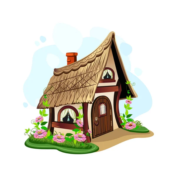 Cute Fairy House Thatched Roof Old Wooden Door Window Chimney — Stock Vector