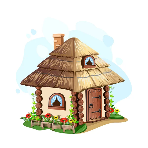 Roztomilý Pohádkový Dům Doškovou Střechou Starými Dřevěnými Dveřmi Oknem Komínem — Stockový vektor