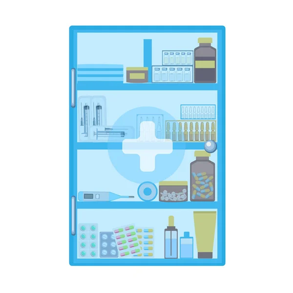 バイアル 医療用品付きの医療キャビネット 医療用家具 白を基調としたベクトルイラスト — ストックベクタ