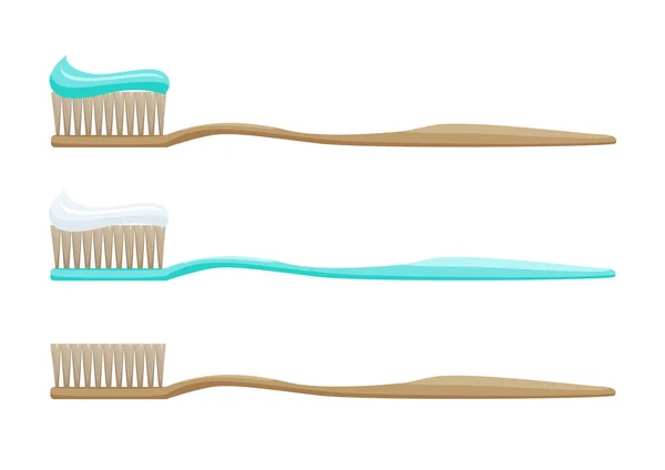 Set Aus Naturborsten Zahnbürsten Und Zahnpasta Einfachen Flachen Stil Hygiene — Stockvektor