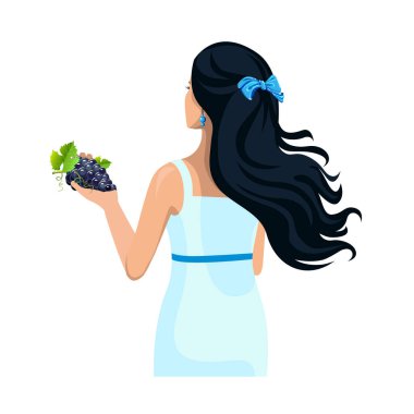 Üzümlü güzel bir kadın. Arkadan bak. Üzüm hasadı ve şarap yapımı. Vektör illüstrasyonu beyaz arkaplanda izole edildi.