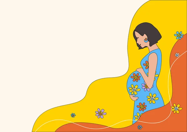 美しい妊婦は腹を抱いている テキストのための空のスペースを持つ抽象的なミニマリズムの背景における母親の幸福 ベクトル図 — ストックベクタ
