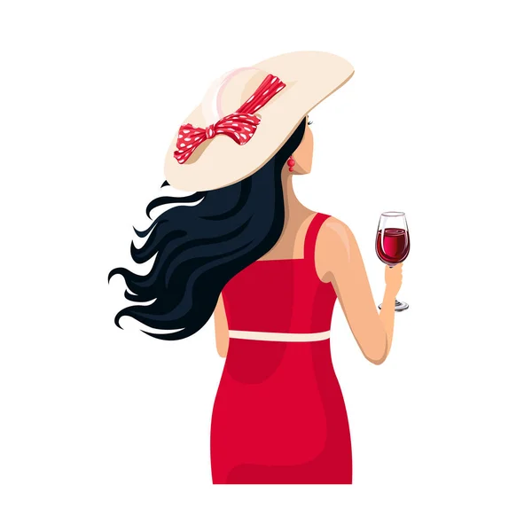 Schöne Frau Mit Einem Glas Rotwein Blick Von Hinten Weinlese — Stockvektor