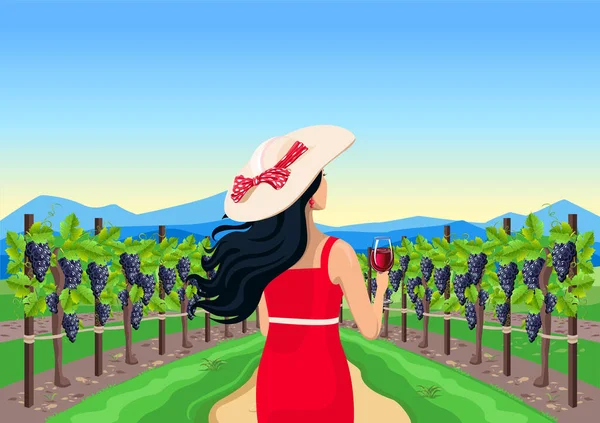 赤ワインのグラスを持つ美しい女性はブドウ畑を賞賛します 後ろからの眺め ブドウの収穫とワイン造り ベクターイラスト — ストックベクタ