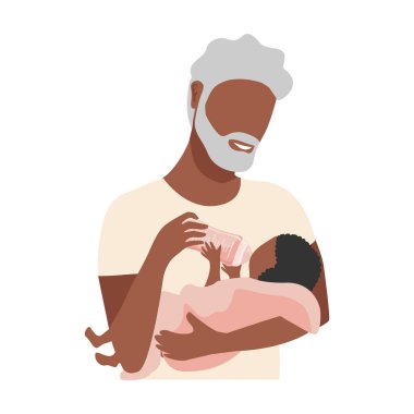 Mutlu büyükbaba küçük torununu kollarında tutuyor. Aile zamanı. Beyaz arkaplanda izole edilmiş düz biçimdeki vektör illüstrasyonu.