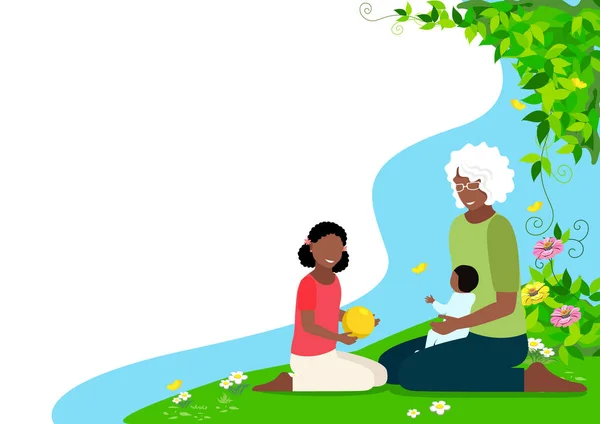 Die Glückliche Oma Spielt Mit Ihren Enkeln Garten Aktive Erholung — Stockvektor
