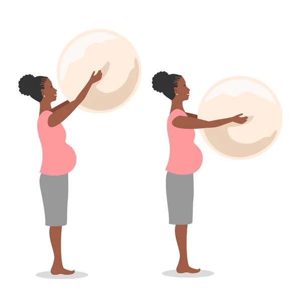 一个漂亮的孕妇正在用一个合适的球做运动 怀孕期间的运动 一套矢量图解 — 图库矢量图片