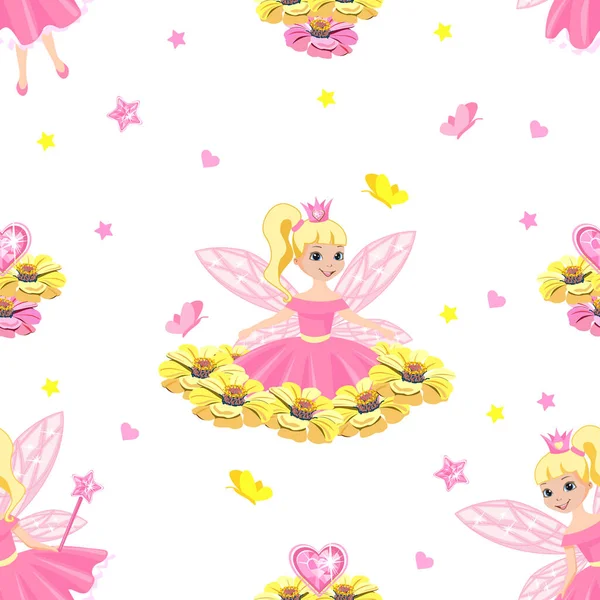 Beautiful Princess Seamless Pattern Cartoon Style Vector Background Cute Fairies — Stock Vector