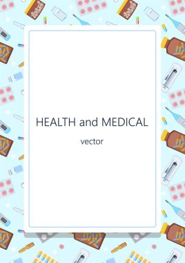 Sağlık, ilaç ve eczane, haplar, kapsüller, ampuller, tüpler ve yazılar için boş alan içeren soyut bir arka plan. Düz bir şekilde vektör illüstrasyonu.