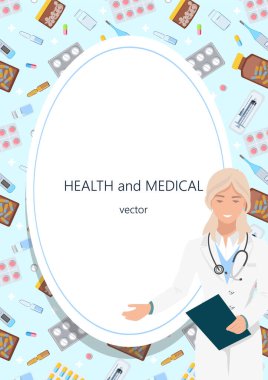 Sağlık, ilaç ve eczane, haplar, kapsüller, ampuller, tüpler ve yazılar için boş alan içeren soyut bir arka plan. Düz bir şekilde vektör illüstrasyonu.