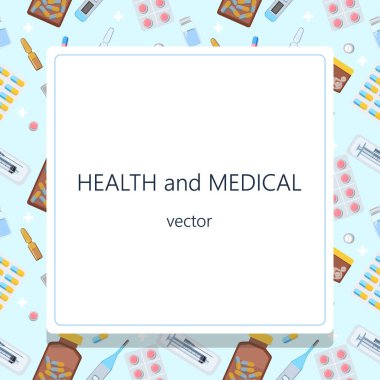 Sağlık, ilaç ve eczane, haplar, kapsüller, ampuller, tüpler ve yazılar için boş alan içeren soyut bir arka plan. Düz bir şekilde vektör illüstrasyonu.