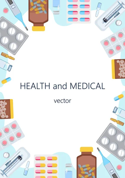 Health, medicine and pharmacy abstract background with pills, capsules, ampoule, tubes and empty space for text. Vector illustration in a flat style.