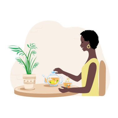 Sağlık için bitki çayı içen güzel bir kadın. Alternatif tıp ve bitkisel ilaçlar. Dinlen ve rahatla. Vektör illüstrasyonu.