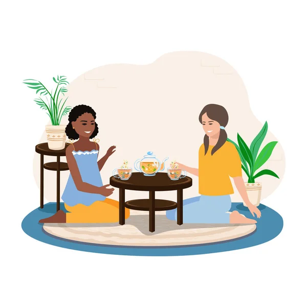 Δύο Χαριτωμένα Κορίτσια Πίνουν Τσάι Και Μιλάνε Πίνει Τσάι Φίλους — Διανυσματικό Αρχείο