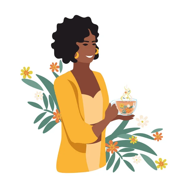 Όμορφη Γυναίκα Πίνει Τσάι Βότανα Για Την Υγεία Της Εναλλακτική — Διανυσματικό Αρχείο