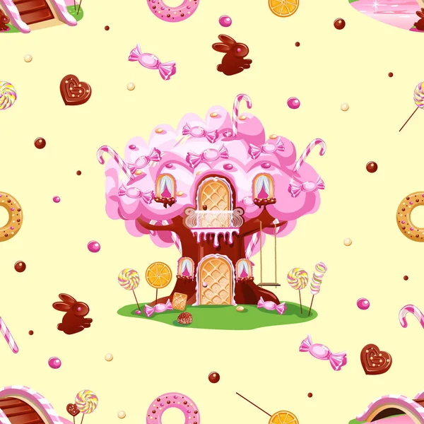 无缝制的糖果图案 美味和甜蜜的背景 糖果的土地 巧克力和烘焙食品 卡通风格的矢量背景 — 图库矢量图片