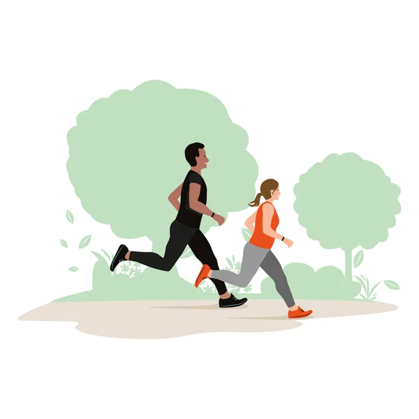 Hombre Una Mujer Corren Por Parque Deportes Recreación Ilustración Vectorial — Vector de stock