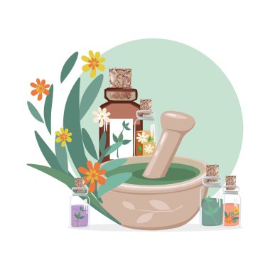 Şifalı bitkilerle, aromatik yağlarla ve bitkisel tentürlerle dolu şişelerin bileşimi. Bitkisel ilaçlar. Alternatif tıp. Reklamcılık, el ilanları ve sosyal ağlar için vektör illüstrasyonu.