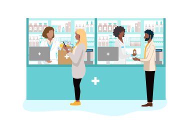 Customers in a pharmacy talk to a pharmacist and buy medicines. Pharmacy shelves are filled with vials of medicines, pills, capsules and medical supplies. Vector illustration.