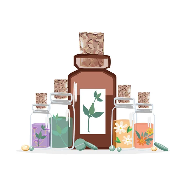 Samenstelling Van Flessen Met Geneeskrachtige Kruiden Aromatische Oliën Kruidentincturen Kruidengeneeskunde — Stockvector