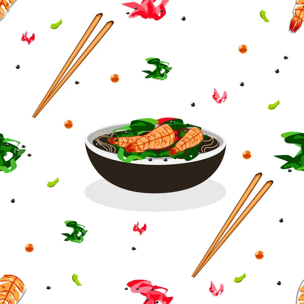 Deliciosos Alimentos Ingredientes Japoneses Cultura Asiática Padrão Sem Costura Vetorial — Vetor de Stock