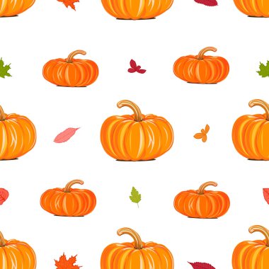 Portakal kabakları ve düşen yapraklarla kusursuz Şükran Günü 'nüz kutlu olsun. Tekstil, ambalaj kağıdı veya duvar kağıdı için vektör sonbahar arkaplanı.
