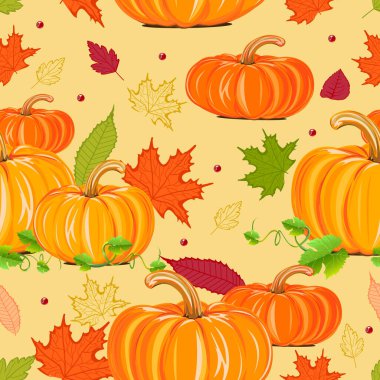 Portakal kabakları ve düşen yapraklarla kusursuz Şükran Günü 'nüz kutlu olsun. Tekstil, ambalaj kağıdı veya duvar kağıdı için vektör sonbahar arkaplanı.