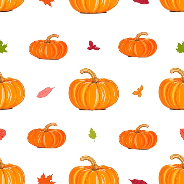 感恩节快乐无缝图案与橙色南瓜和落叶 纺织品 包装纸或壁纸的矢量秋季背景 — 图库矢量图片