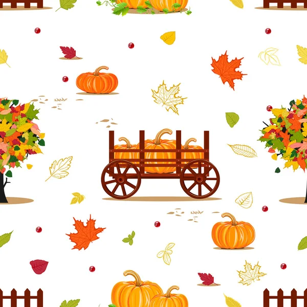Happy Thanksgiving Seamless Pattern Orange Pumpkins Falling Leaves Vintage Wheelbarrow — Stock Vector