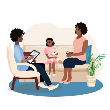 Çocuk bir çocuk psikoloğunun ofisinde terapi seansında. Bir psikologa danışmanlık, eğitim ve yardım. Düz bir şekilde vektör illüstrasyonu.