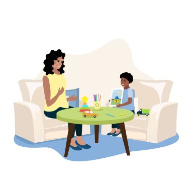 Çocuk bir çocuk psikoloğunun ofisinde terapi seansında. Bir psikologa danışmanlık, eğitim ve yardım. Düz bir şekilde vektör illüstrasyonu.