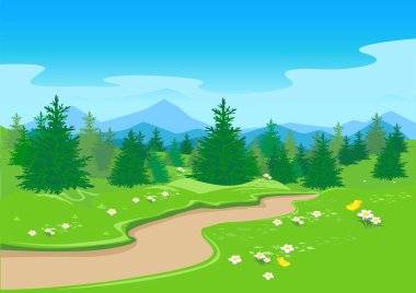 Peri masalı ormanında büyük yaşlı ağaçlar ve çiçek açan çayırlarla dolu bir yol. Güzel doğanın vektör çizimi.