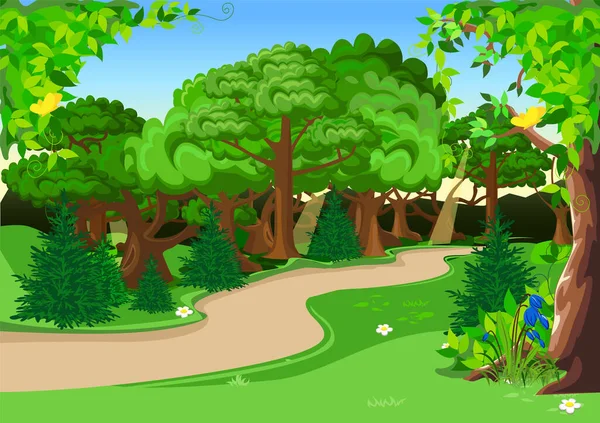 Шлях Через Казковий Ліс Великими Старими Деревами Квітучим Лугом Векторні — стоковий вектор